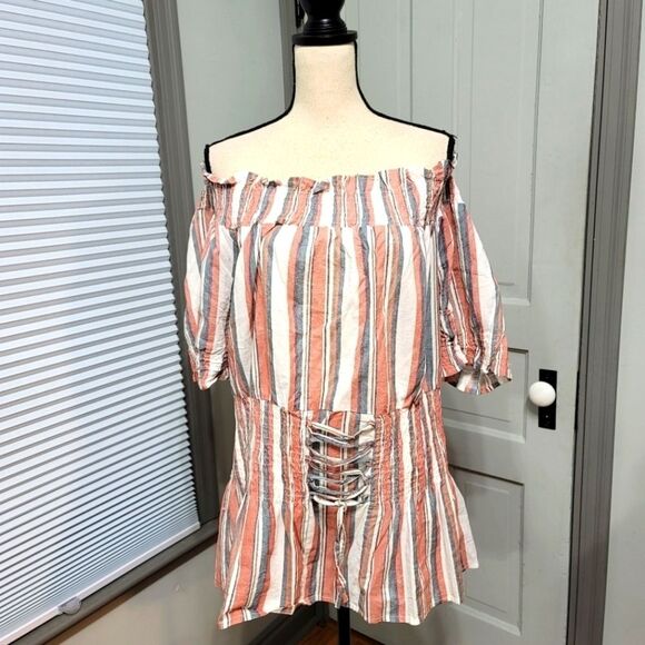 Ashley Stewart Tops - ASHLEY Stewart Striped Off Shoulder Puff Sleeve Peplum Top